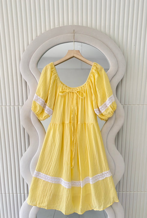Women Puff Sleeves Mini Dress With Lace Trim